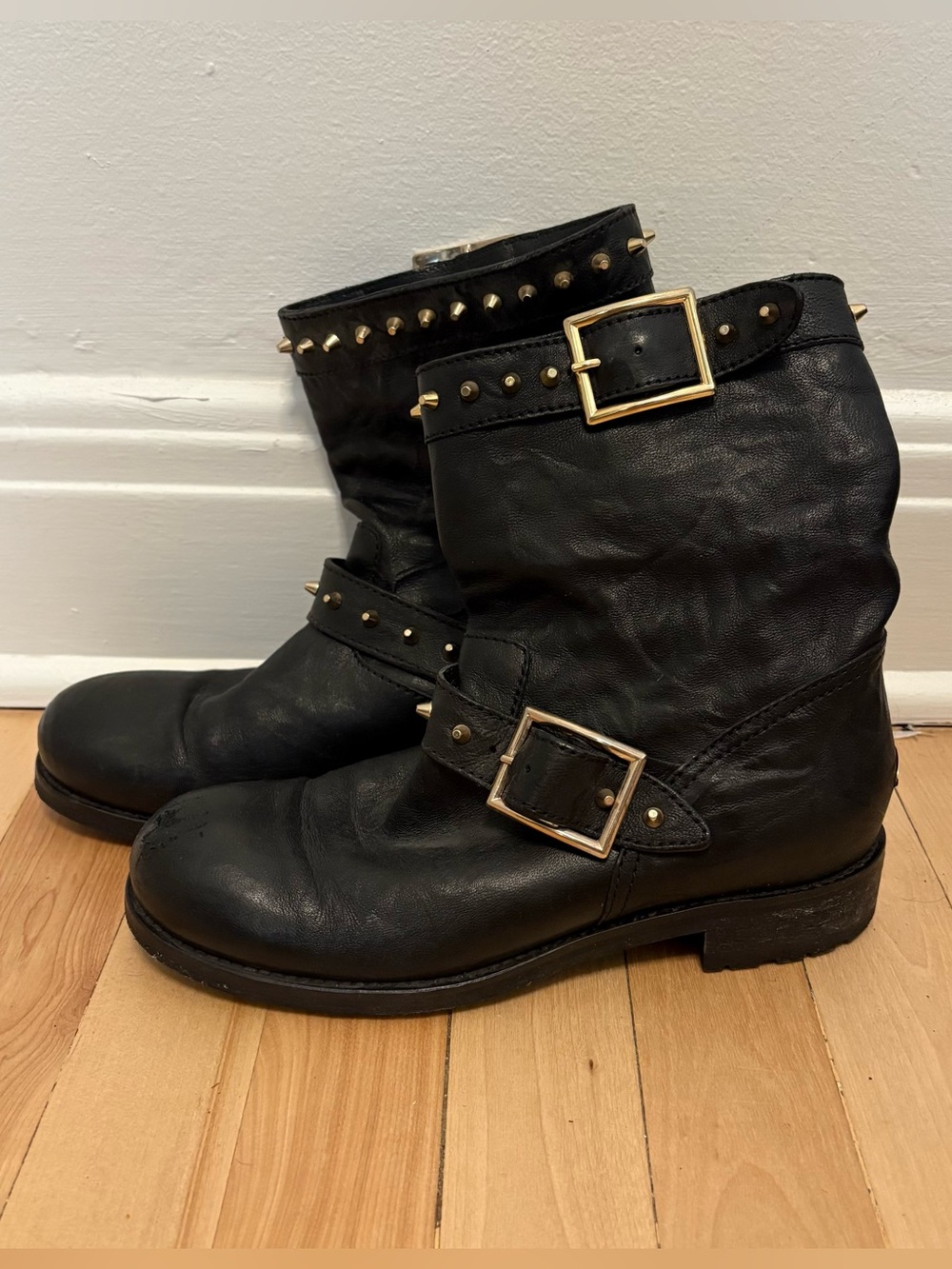 Black Studded Leather jimmy choo Boots with Gold Buckles and studs